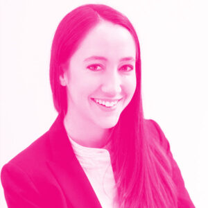 Alicia Lenis' headshot with a hot pink filter.