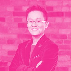 Allen Lau's headshot with a hot pink filter.