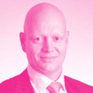 Andrew Beswick's headshot with a hot pink filter..