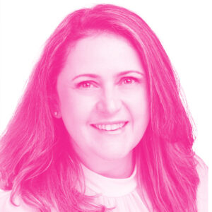 Anna Jezierski's headshot with a hot pink filter.