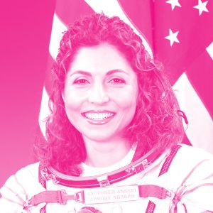 Anousheh Ansari&#039;s headshot with a hot pink filter.