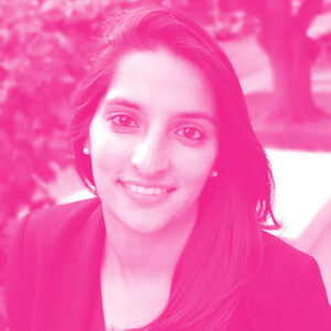 Avni Shah&#039;s headshot with a hot pink filter