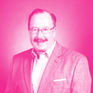 Bob McCambridge's headshot with a hot pink filter.