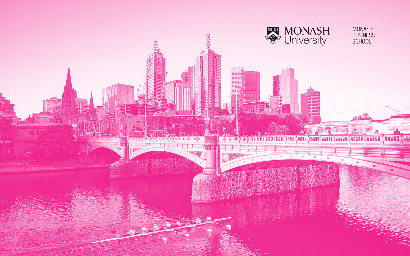 Melbourne city skyline with Monash Business School logo