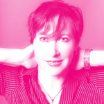 Christine Tovee&#039;s headshot with a hot pink filter.