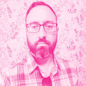 Christopher Gooley's headshot with a hot pink filter.
