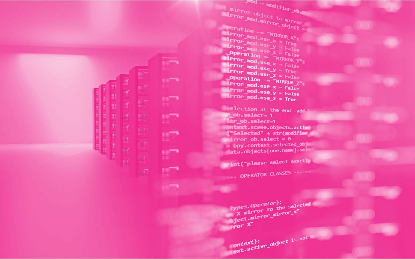 Computer servers with code floating in the air.