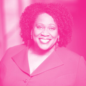 Cynthia Hardy's headshot with a hot pink filter.