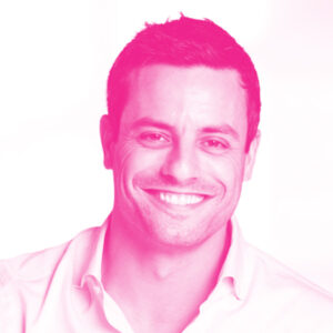 Dan Ruch's headshot with a hot pink filter.