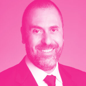 David Mauro's headshot with a hot pink filter.