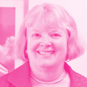 Deborah Peacock&#039;s headshot with a hot pink filter.