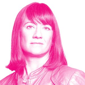 Judy Fairburn's headshot with a hot pink filter.