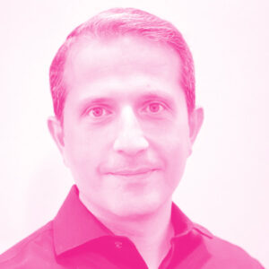 Hani Eskandari's headshot with a hot pink filter.