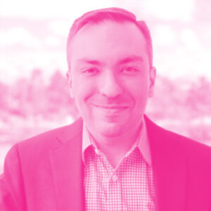 Hyder Alabed's headshot with a hot pink filter.