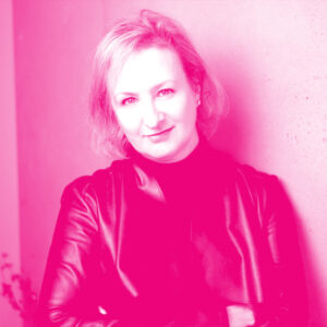 Jennifer Moody's headshot with a hot pink filter.