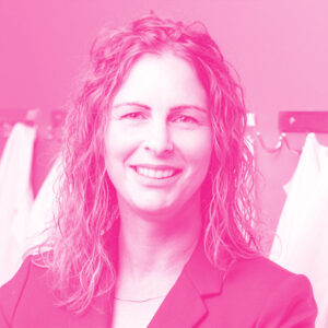 Jessica Martin Eckerly's headshot with a hot pink filter.