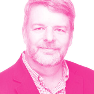 Jim Banting's headshot with a hot pink filter.