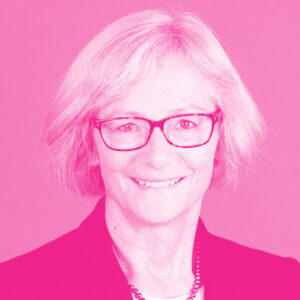 Joanna Batstone's headshot with a hot pink filter.