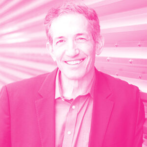 Jonathan Drachman's headshot with a hot pink filter.