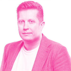 Karim Hamasni's headshot with a hot pink filter.