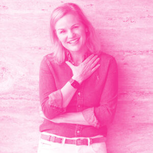 Kate Bennett Eriksson's headshot with a hot pink filter.