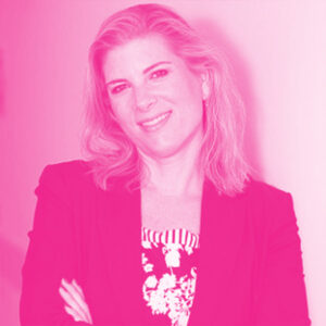 Kathryn Giudes' headshot with a hot pink filter.