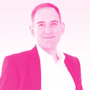 Marc Bellemare's headshot with a hot pink filter.