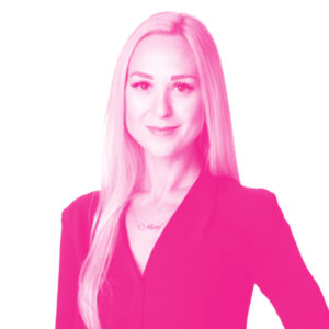 Mary Dimou's headshot with a hot pink filter.