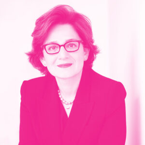 Maryam Golnaraghi's headshot with a hot pink filter.