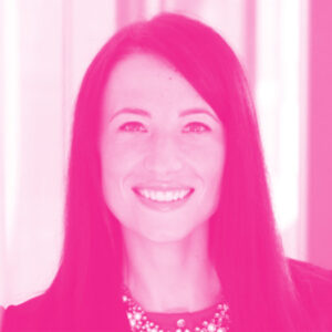 Megan Dover's headshot with a hot pink filter.