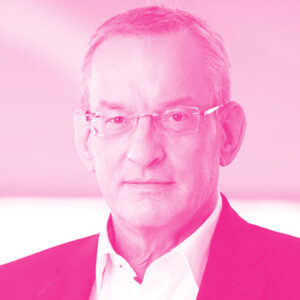 Meinrad Lugan's headshot with a hot pink filter.