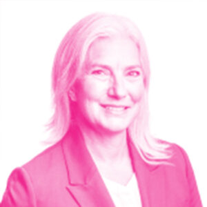 Nancy Harrison&#039;s headshot with a hot pink filter.