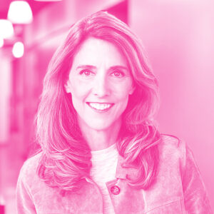 Nancy Hill's headshot with a hot pink filter.