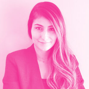 Nika Shakiba's headshot with a hot pink filter.