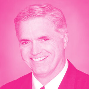 Peter Miller's headshot with a hot pink filter.