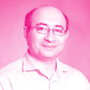 Purang Abolmaesumi's headshot with a hot pink filter.