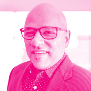 Rick Sethi's headshot with a hot pink filter.