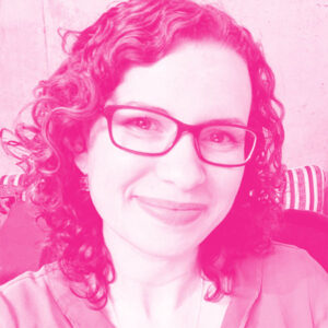 Raquel Tatar's headshot with a hot pink filter.