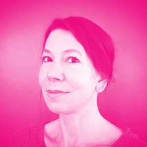 Sally Daub's headshot with a hot pink filter.