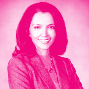 Sharena Ali's headshot with a hot pink filter.