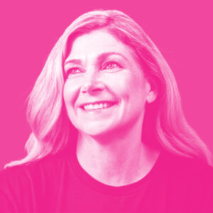 Sue Keay's headshot with a hot pink filter.