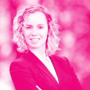 Sue Satyro's headshot with a hot pink filter.