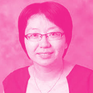 Susan (Feng) Lu's headshot with a hot pink filter.