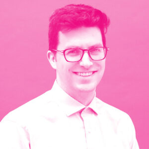 Taylor Cooper's headshot with a hot pink filter.