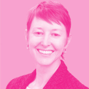 Theresa Condor's headshot with a hot pink filter.