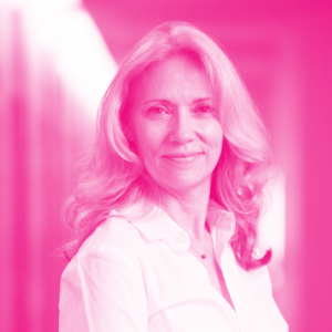 April Franco's headshot with a hot pink filter.