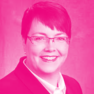 Cathy Bennett's headshot with a hot pink filter.