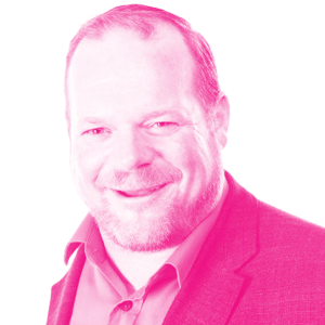 Christopher Paterson's headshot with a hot pink filter.