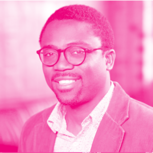 Dozie Amuzie's headshot with a hot pink filter.