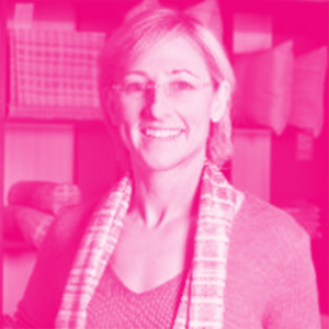 Eve Blossom's headshot with a hot pink filter.